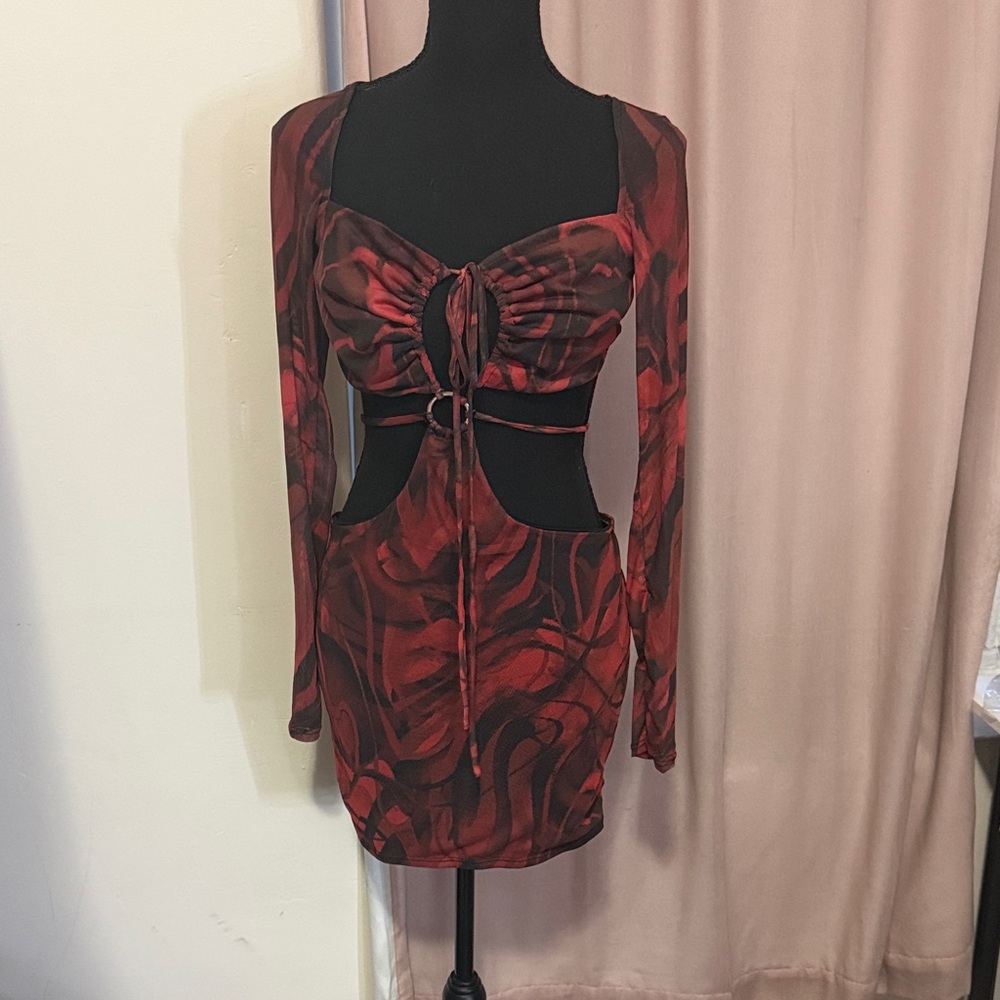 💋 Fashion Nova Red & Black Mesh Micro Mini Dress
